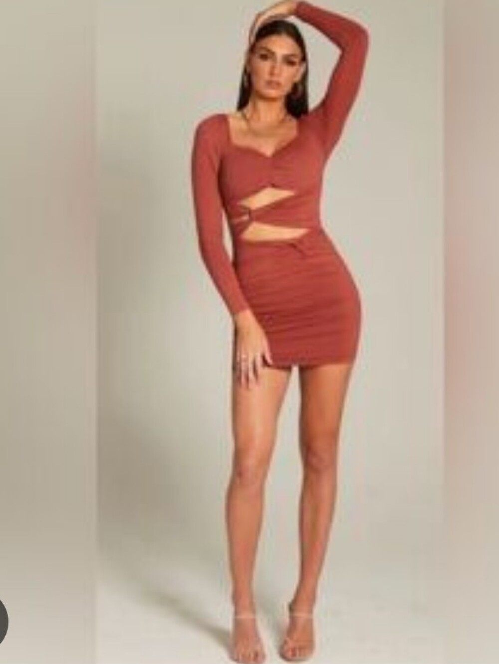 Alana Eve Cutout Long-Sleeve Bodycon Mini Dress in Rust